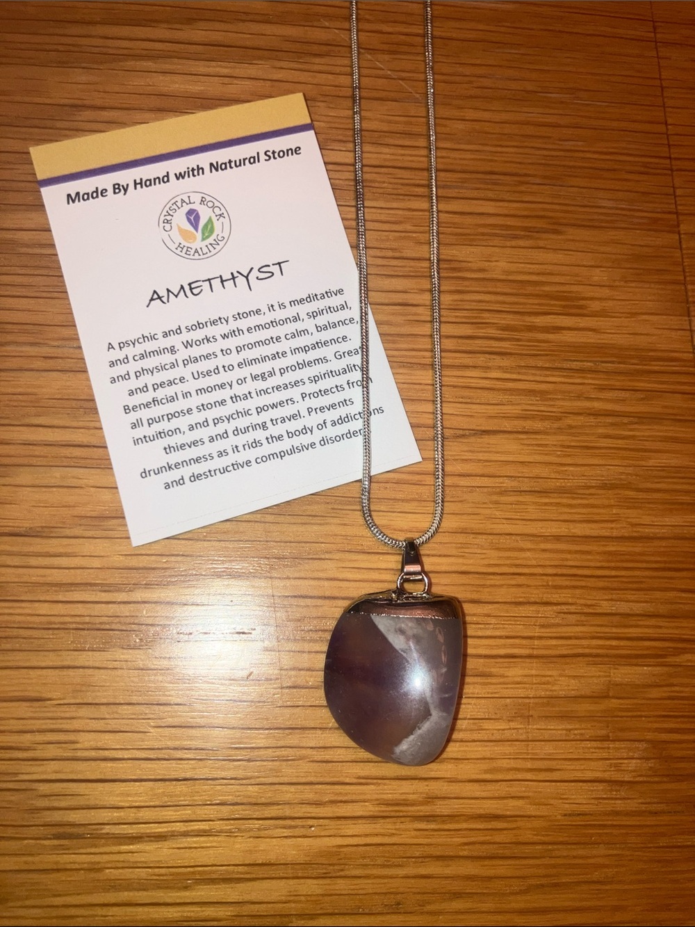 Amethyst Polish Stone Pendant Necklace in Purple with 18” silver chain